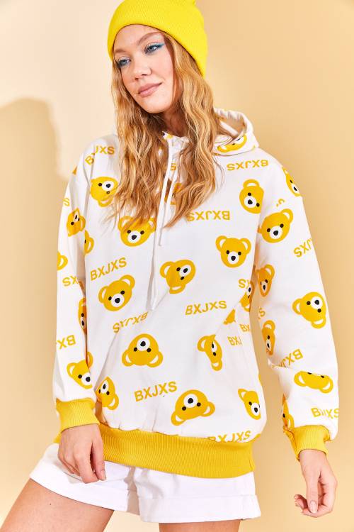 Sarı Kapüşonlü Ayıcık Desenli Sweatshirt 3KXK8-46624-10 - 2
