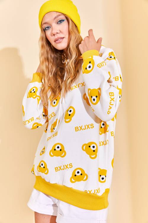 Sarı Kapüşonlü Ayıcık Desenli Sweatshirt 3KXK8-46624-10 - 3