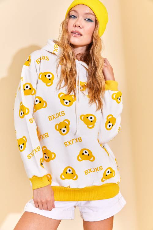 Sarı Kapüşonlü Ayıcık Desenli Sweatshirt 3KXK8-46624-10 - 4
