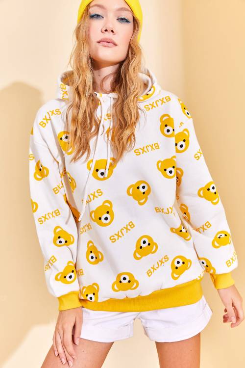 Sarı Kapüşonlü Ayıcık Desenli Sweatshirt 3KXK8-46624-10 - 5