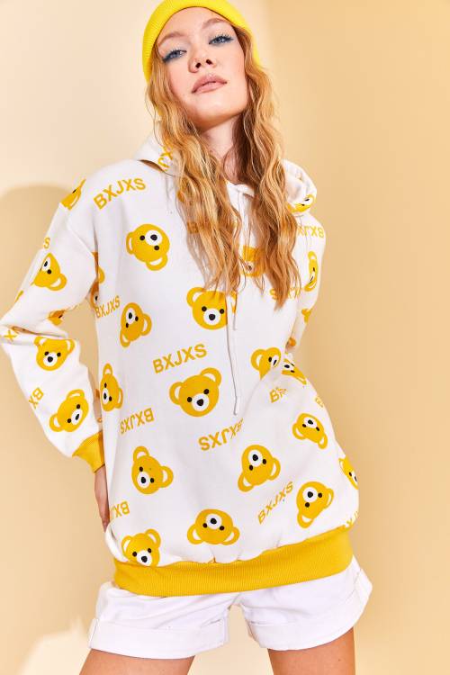 Sarı Kapüşonlü Ayıcık Desenli Sweatshirt 3KXK8-46624-10 - 6