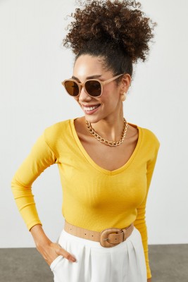 Sarı V Yaka Kaşkorse Bluz 2KXK2-45451-10 