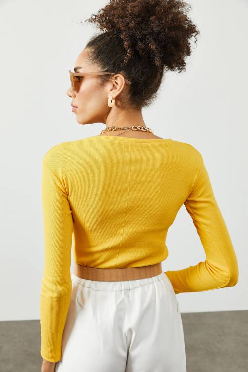 Sarı V Yaka Kaşkorse Bluz 2KXK2-45451-10 - 6