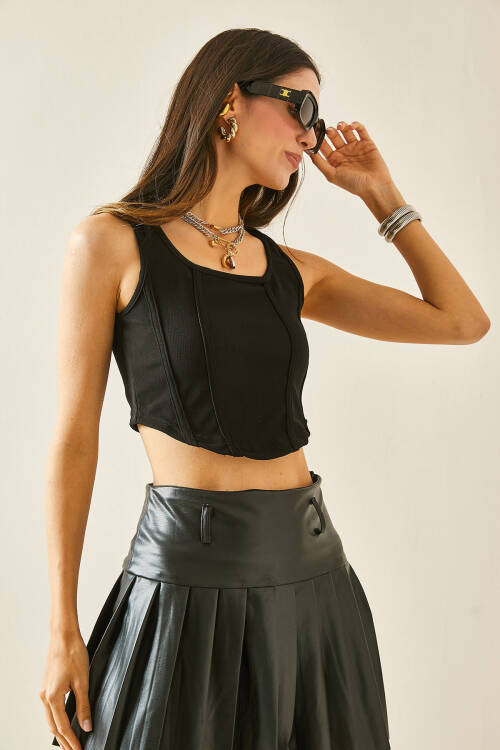 Siyah Askılı Fitilli Bluz 5YXK2-48458-02 - 5