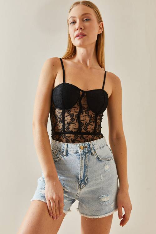 Siyah Balenli & Dantel Detaylı Çıtçıtlı Bluz 4KXK2-47890-02 - 6