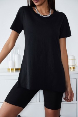 Siyah Basic Bisiklet Yaka Yırtmaçlı Tişört 2YXK1-46096-02 - XHAN