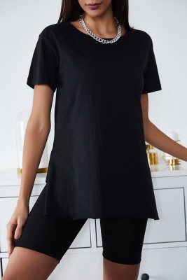 Siyah Basic Bisiklet Yaka Yırtmaçlı Tişört 2YXK1-46096-02 - 2