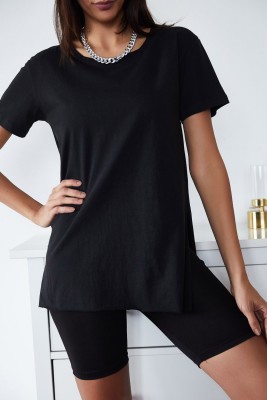 Siyah Basic Bisiklet Yaka Yırtmaçlı Tişört 2YXK1-46096-02 - 3