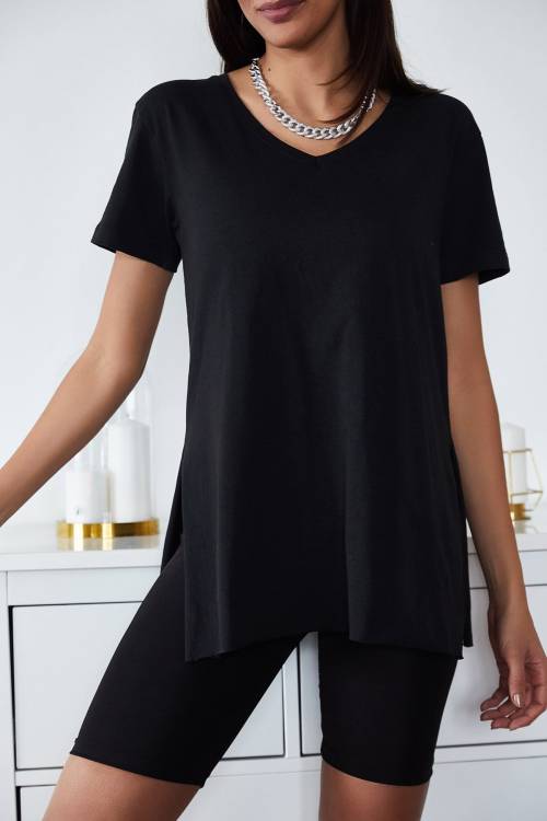 XHAN - Siyah Basic V Yaka Yırtmaçlı T-Shirt 2YXK1-46166-02