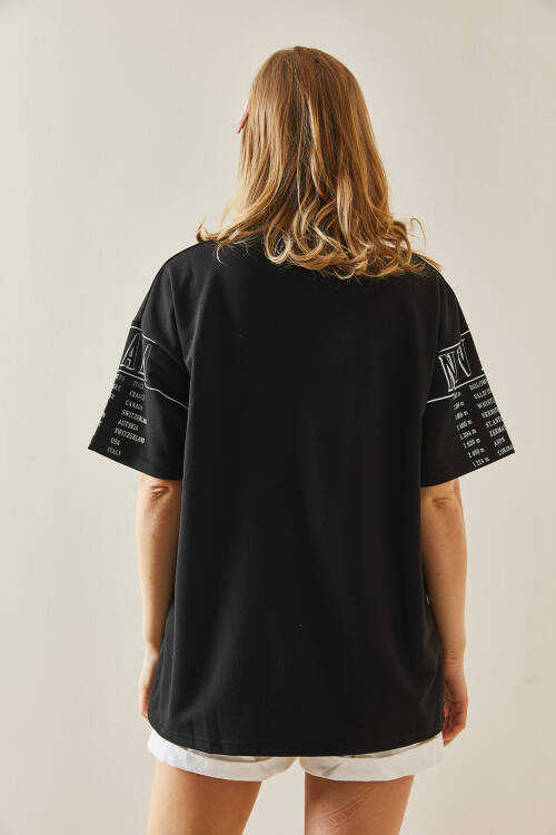 Siyah Baskılı Bisiklet Yaka Oversize Tişört 5YXK1-48004-02 - 6