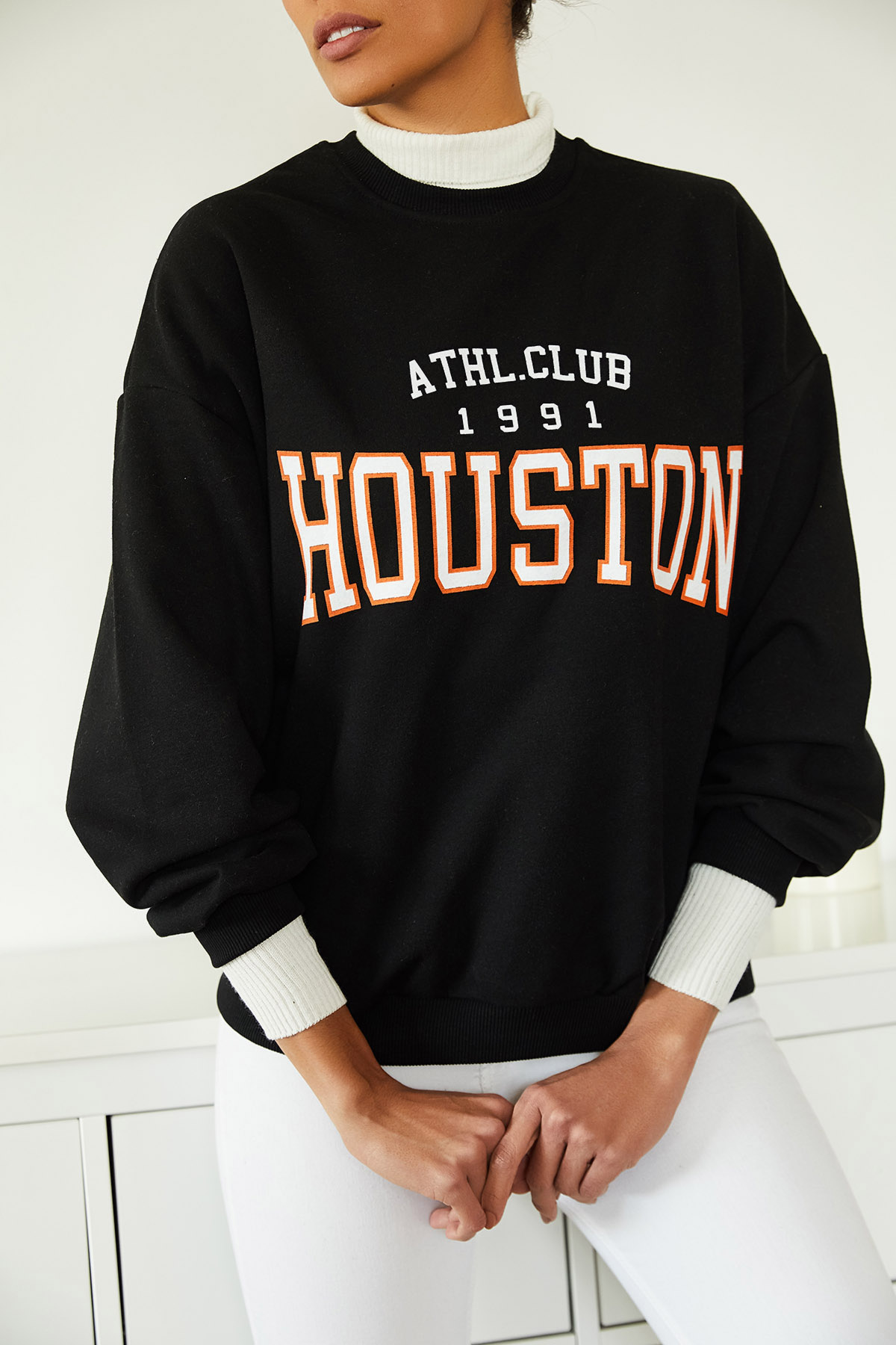 XHAN - Siyah Baskılı Polarlı Sweatshirt 1KXK8-44719-02