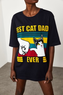 XHAN - Siyah Baskılı Salaş T-Shirt 2KXK1-45672-02