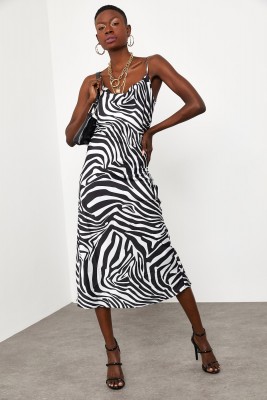 Siyah & Beyaz Zebra Desenli Saten Midi Elbise 1KXK6-44829-86 - 2