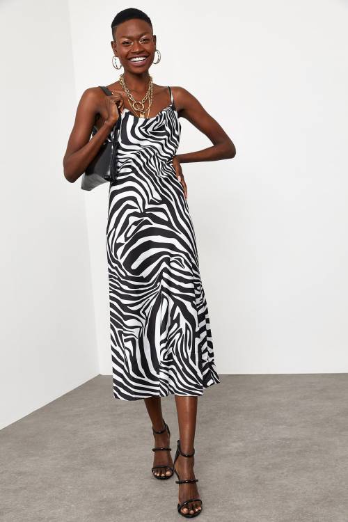Siyah & Beyaz Zebra Desenli Saten Midi Elbise 1KXK6-44829-86 - 4