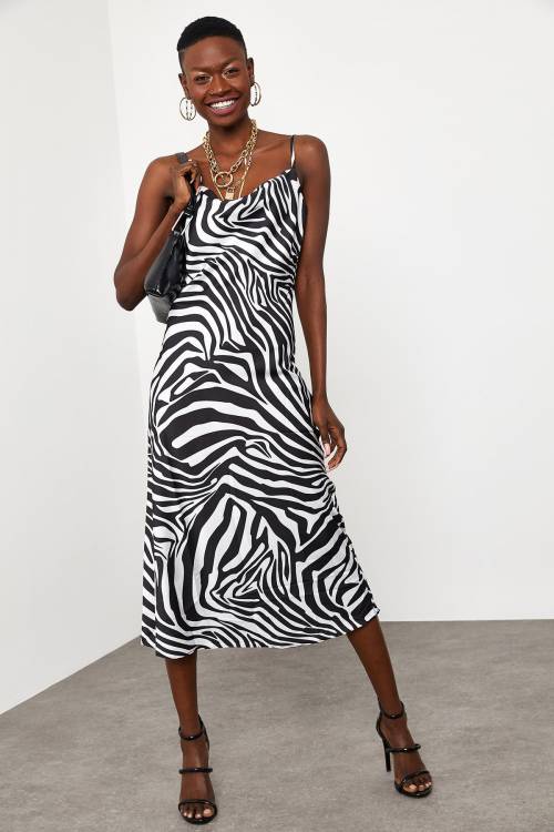 Siyah & Beyaz Zebra Desenli Saten Midi Elbise 1KXK6-44829-86 - 5