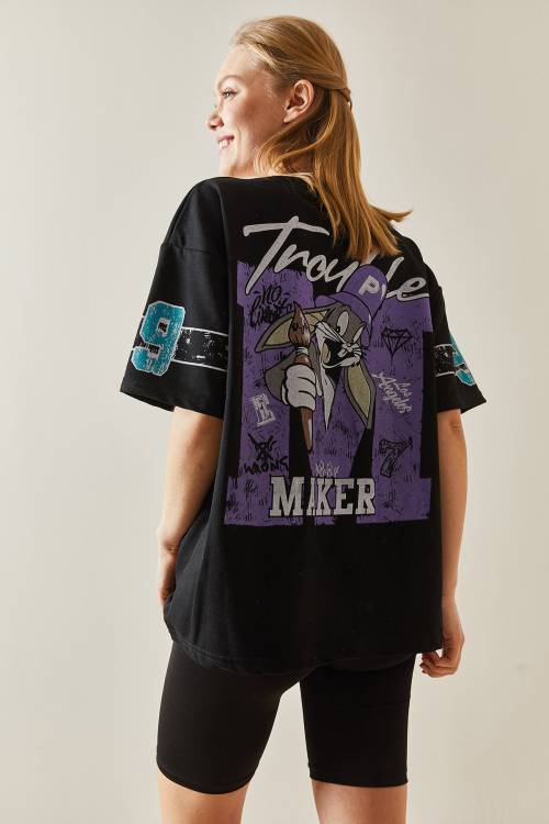 Siyah Bisiklet Yaka Arkası Baskılı Oversize Tişört 4KXK1-47898-02 - 2