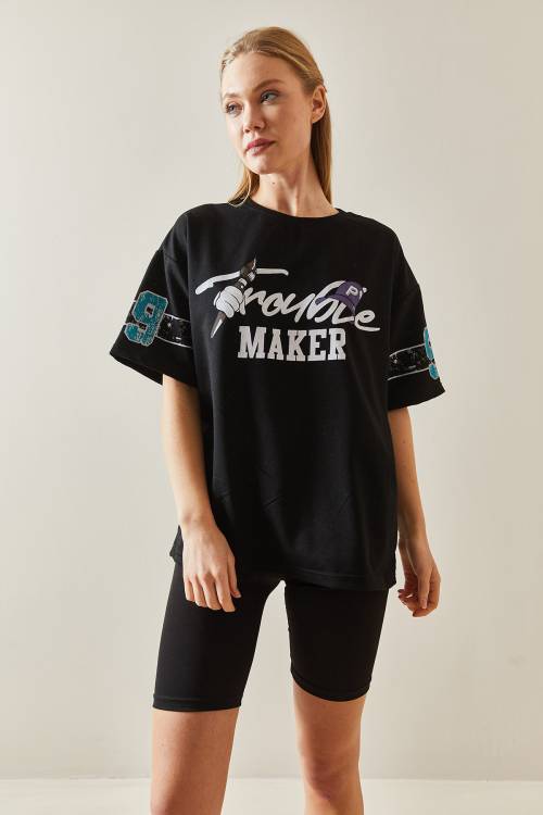 Siyah Bisiklet Yaka Arkası Baskılı Oversize Tişört 4KXK1-47898-02 - 3