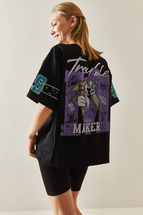 Siyah Bisiklet Yaka Arkası Baskılı Oversize Tişört 4KXK1-47898-02 - 5