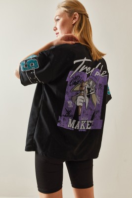 Siyah Bisiklet Yaka Arkası Baskılı Oversize Tişört 4KXK1-47898-02 - 6