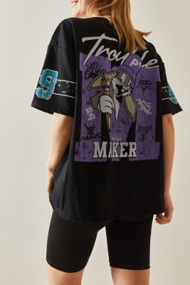 Siyah Bisiklet Yaka Arkası Baskılı Oversize Tişört 4KXK1-47898-02 - 1