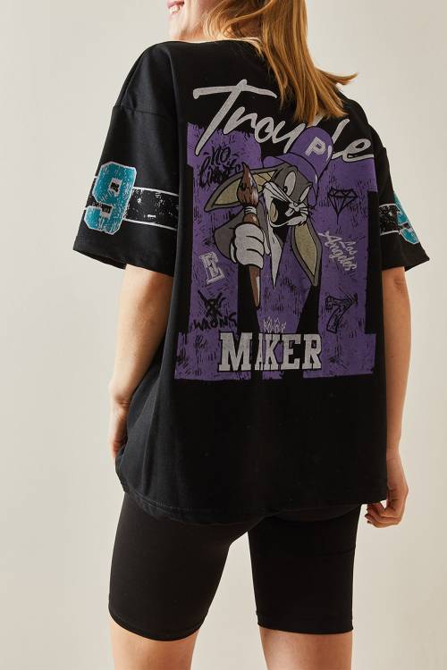 Siyah Bisiklet Yaka Arkası Baskılı Oversize Tişört 4KXK1-47898-02 - 1
