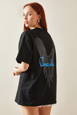 Siyah Bisiklet Yaka Arkası Baskılı Oversize Tişört 5YXK1-48210-02 - 2