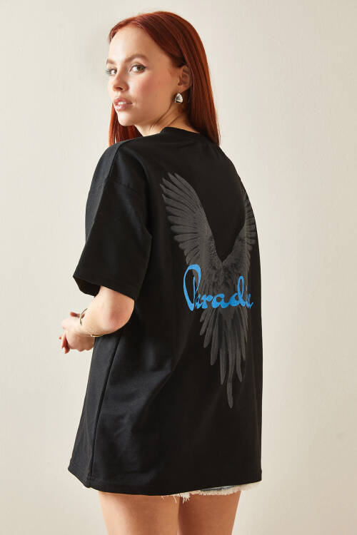 Siyah Bisiklet Yaka Arkası Baskılı Oversize Tişört 5YXK1-48210-02 - 2