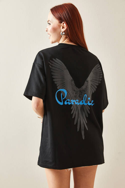 Siyah Bisiklet Yaka Arkası Baskılı Oversize Tişört 5YXK1-48210-02 - 4