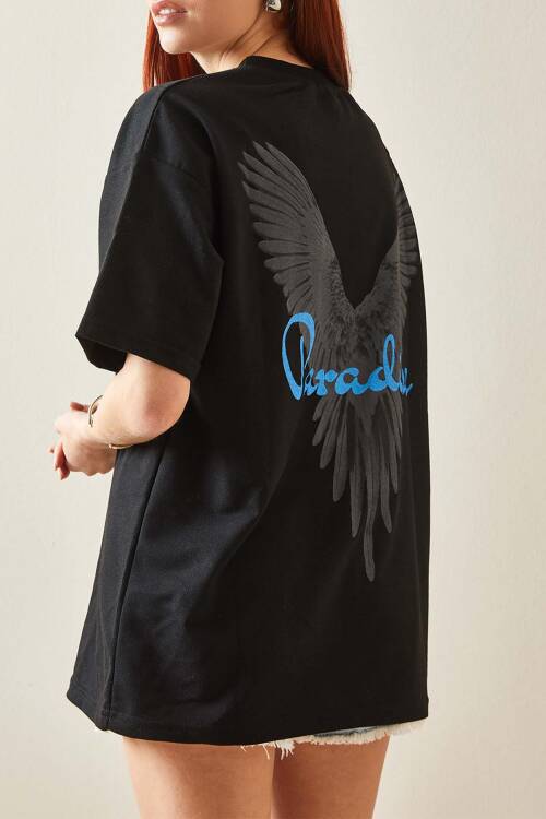 Siyah Bisiklet Yaka Arkası Baskılı Oversize Tişört 5YXK1-48210-02 - 1