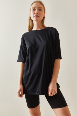Siyah Bisiklet Yaka Basic Oversize Tişört 4KXK1-47895-02 