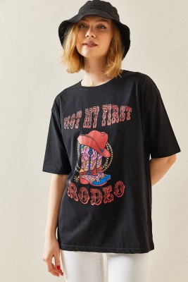 XHAN - Siyah Bisiklet Yaka Baskılı Oversize T-Shirt 3YXK1-47303-02