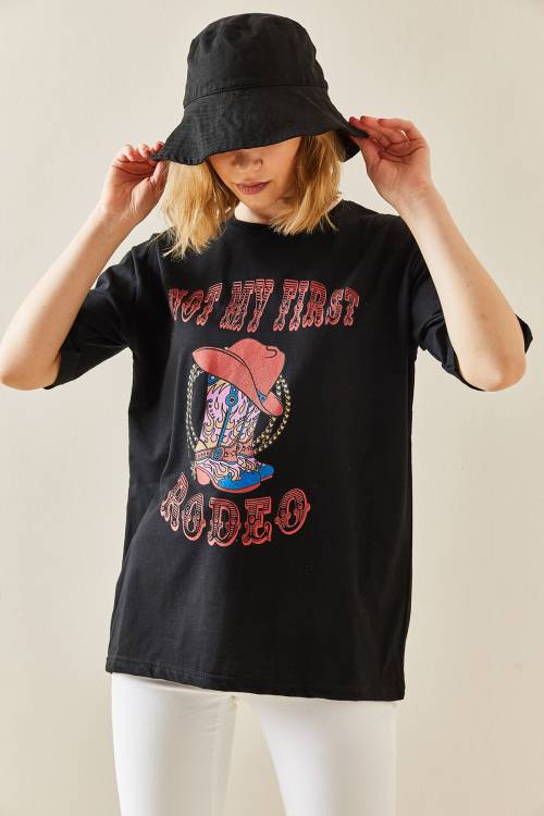 Siyah Bisiklet Yaka Baskılı Oversize Tişört 3YXK1-47303-02 - 2