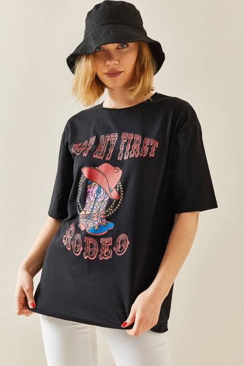 Siyah Bisiklet Yaka Baskılı Oversize Tişört 3YXK1-47303-02 - 3
