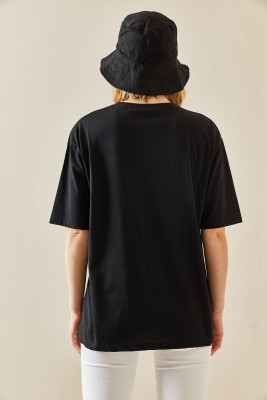 Siyah Bisiklet Yaka Baskılı Oversize Tişört 3YXK1-47303-02 - 4