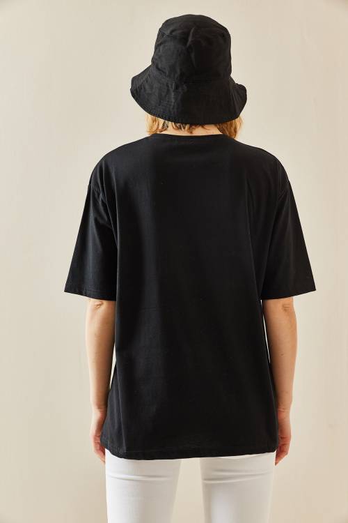 Siyah Bisiklet Yaka Baskılı Oversize Tişört 3YXK1-47303-02 - 4