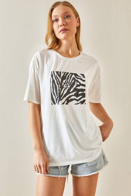 Siyah Bisiklet Yaka Baskılı Oversize Tişört 4KXK1-47924-02 - 2