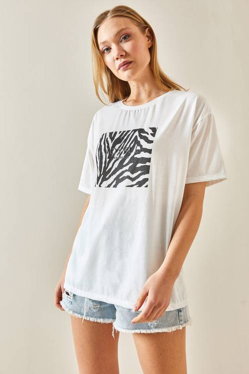 Siyah Bisiklet Yaka Baskılı Oversize Tişört 4KXK1-47924-02 - 5