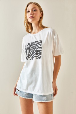 Siyah Bisiklet Yaka Baskılı Oversize Tişört 4KXK1-47924-02 - 6