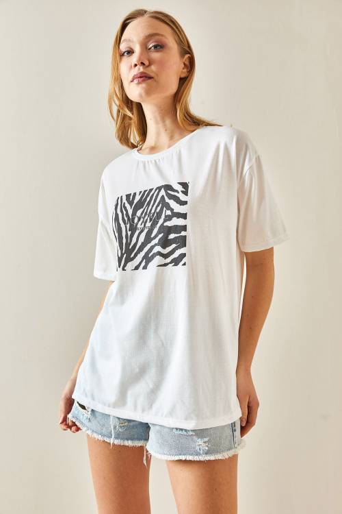 Siyah Bisiklet Yaka Baskılı Oversize Tişört 4KXK1-47924-02 - 6