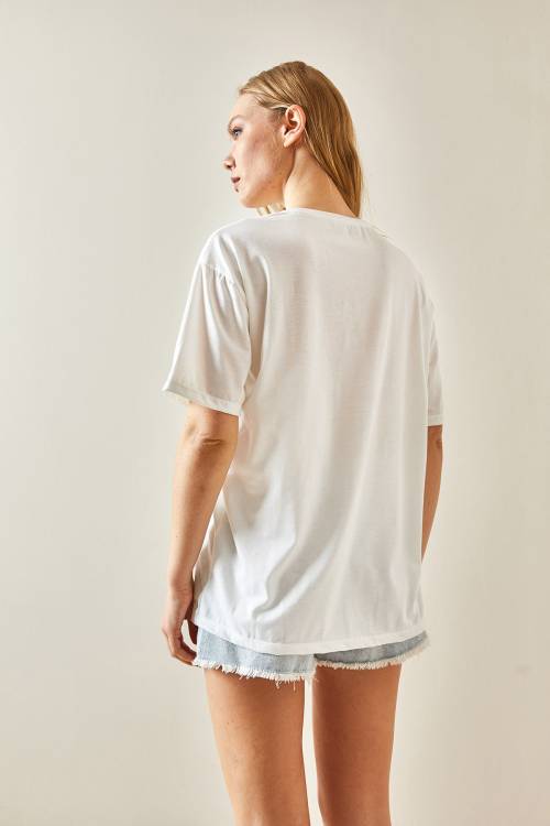 Siyah Bisiklet Yaka Baskılı Oversize Tişört 4KXK1-47924-02 - 7