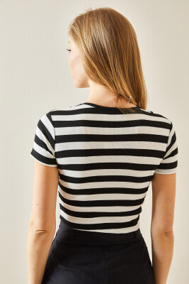 Siyah Bisiklet Yaka Çizgili Kaşkorse Crop Bluz 5YXK2-48224-02 - 6