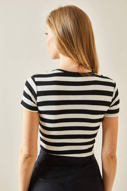 Siyah Bisiklet Yaka Çizgili Kaşkorse Crop Bluz 5YXK2-48224-02 - 6