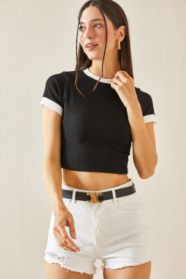 Siyah Bisiklet Yaka Crop Tişört 5YXK1-48411-02 - 5