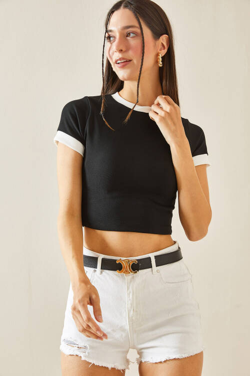 Siyah Bisiklet Yaka Crop Tişört 5YXK1-48411-02 - 5