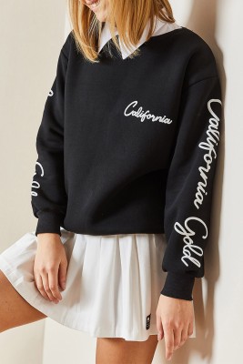 XHAN - Siyah Bisiklet Yaka Kolları Detaylı Sweatshirt 4KXK8-47751-02