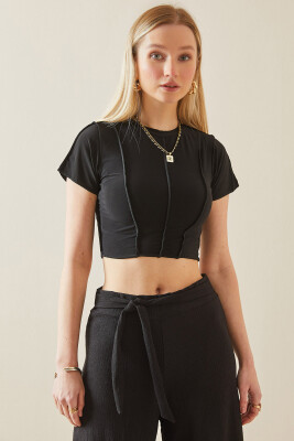 Siyah Bisiklet Yaka Likralı Crop Basic Bluz 5YXK2-48069-02 - 4