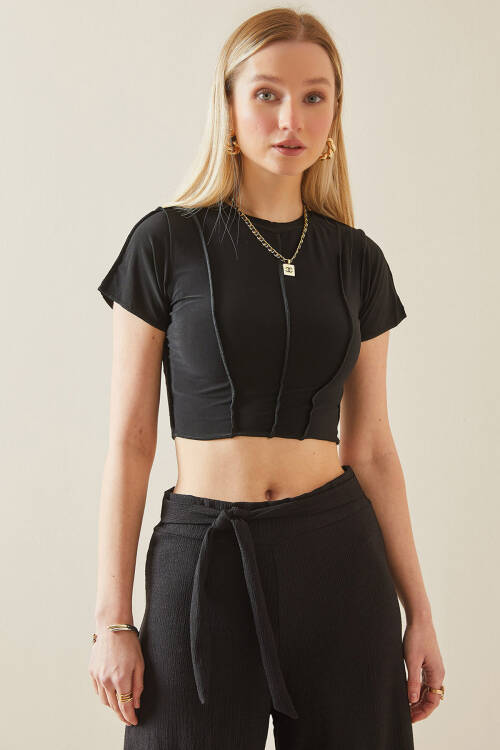 Siyah Bisiklet Yaka Likralı Crop Basic Bluz 5YXK2-48069-02 - 4