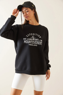 Siyah Bisiklet Yaka Nakışlı Sweatshirt 5KXK8-48978-02 - 2
