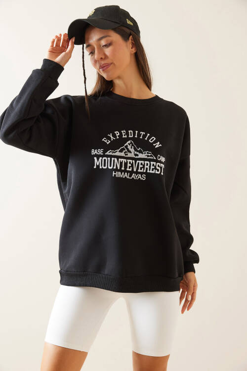 Siyah Bisiklet Yaka Nakışlı Sweatshirt 5KXK8-48978-02 - 2