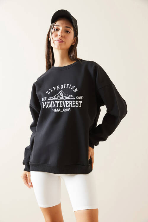 Siyah Bisiklet Yaka Nakışlı Sweatshirt 5KXK8-48978-02 - 3